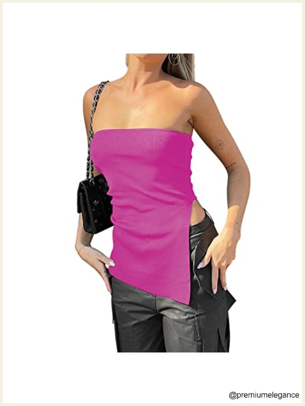 Women's Strapless Tube Top Ribbed Knit Sleeveless Slit Side Casual Blouse